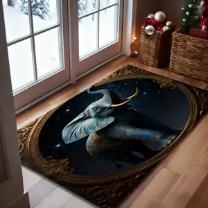 An ornate framed image of a blue elephant with golden tusks and patterns against a starry sky. 1-Piece Bathroom Mat, Soft Bath Mat, Absorbent High-Quality Bathroom Carpet, Non-Slip and Comfortab