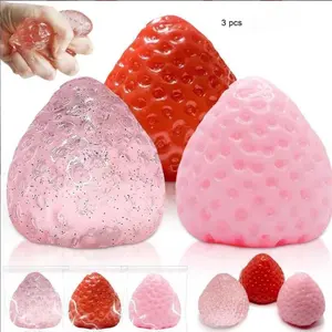 3 Pack Strawberry Squishy Toys, Cute Fruit Squeeze Stress Balls, Upgraded Sticky Slow Rise Soft Squishy Sensory Fidget Toy, Clear Finger Tip Toy for Anxiety Relief, Valentine’s Thanksgiving Birthday Gift