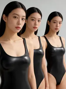 Sexy Leather Look Halter One-Piece Bodysuits Set, Three Piece, Stylish Women's Clothing, Perfect for Parties & Nightouts