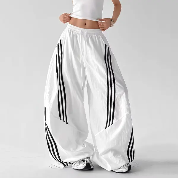 American vintage striped paratrooper cargo pants, loose wide-leg pants with drawstring cuffs, street dance trendy casual long pants