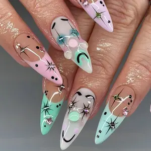 Pastel Abstract Smiley Press-On Nails, Mint Green & Baby Pink with Nude Base, Black Line Art, Rhinestone Accents, Playful Summer Vibe, Custom Handmade Nail Art for Gifts & Parties