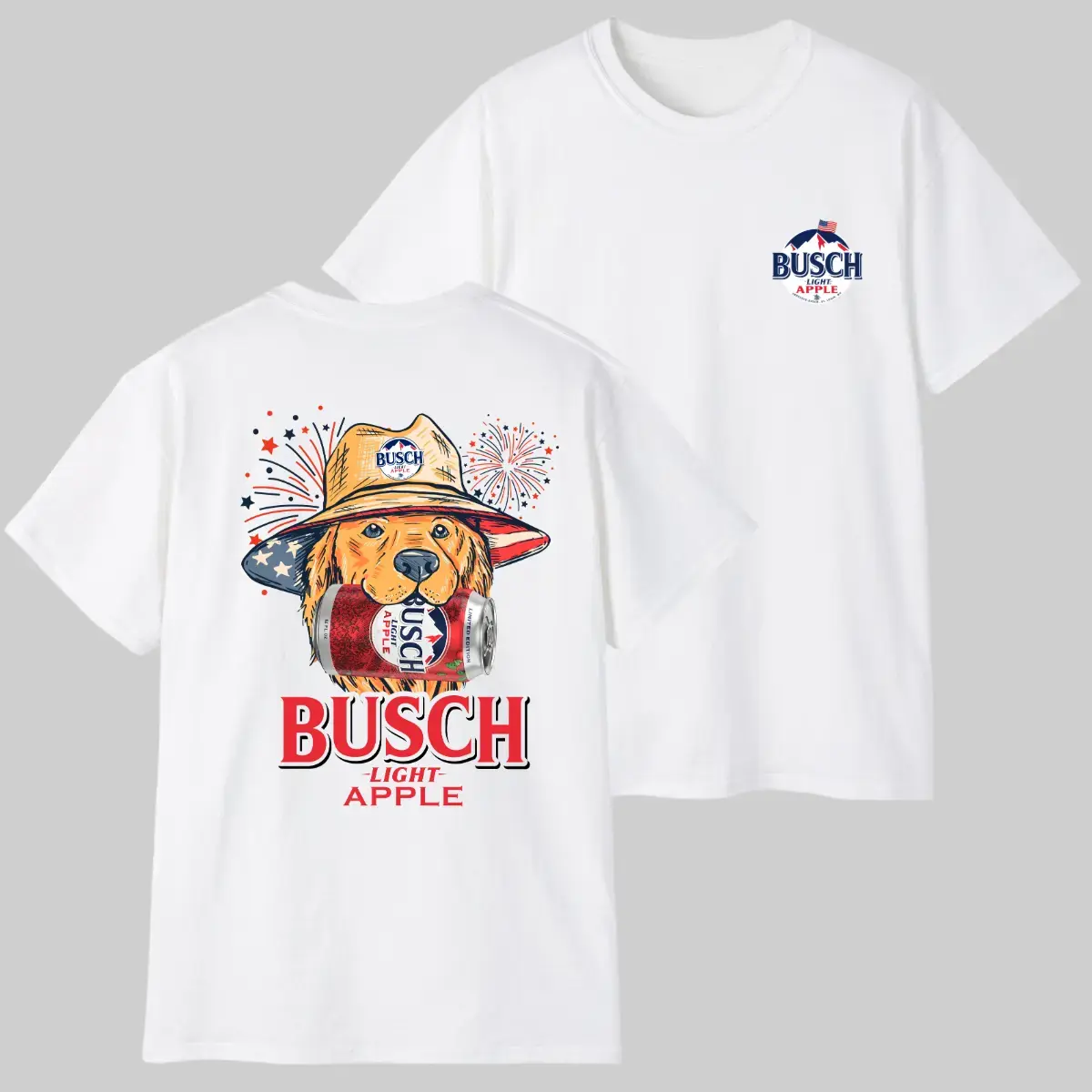Busch Apple 4th of July Unisex T-Shirt, Funny Golden Beer & Dog Graphic Tee, Summer Casual Cotton Crewneck for Men & Women