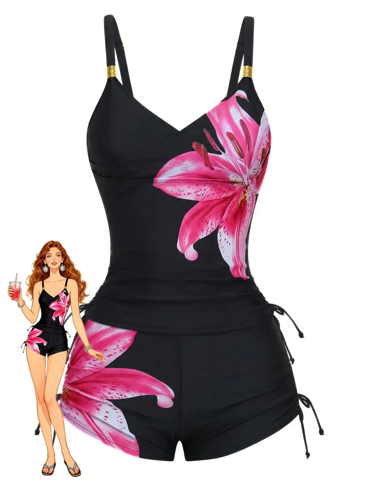 RETRO STAGE Women's Pink 1950s Lily Floral Print 2-Piece Tankini Swimsuit Set - Polyamide Blend, Wireless Bra, High-Stretch Lace-Up Shorts, Multi-Size Women 2 Piece Sets for Beach, Bathing Suits, Beach Outfits, Two Piece Sets, Sets For BackToSchool