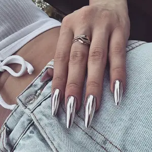 Mirror Metallic Press On Nails Medium Almond Shape Silver Chrome Full Cover False Nails with Glue 24Pcs Bronze High-Gloss Finish for Women