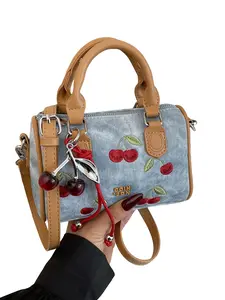 Cherry Embroidered Denim Bag, Mini Boston Bag for Sweet Girls, Unique Cherry Charm Handbag, Versatile Crossbody and Shoulder Bag, Crossbody Purses