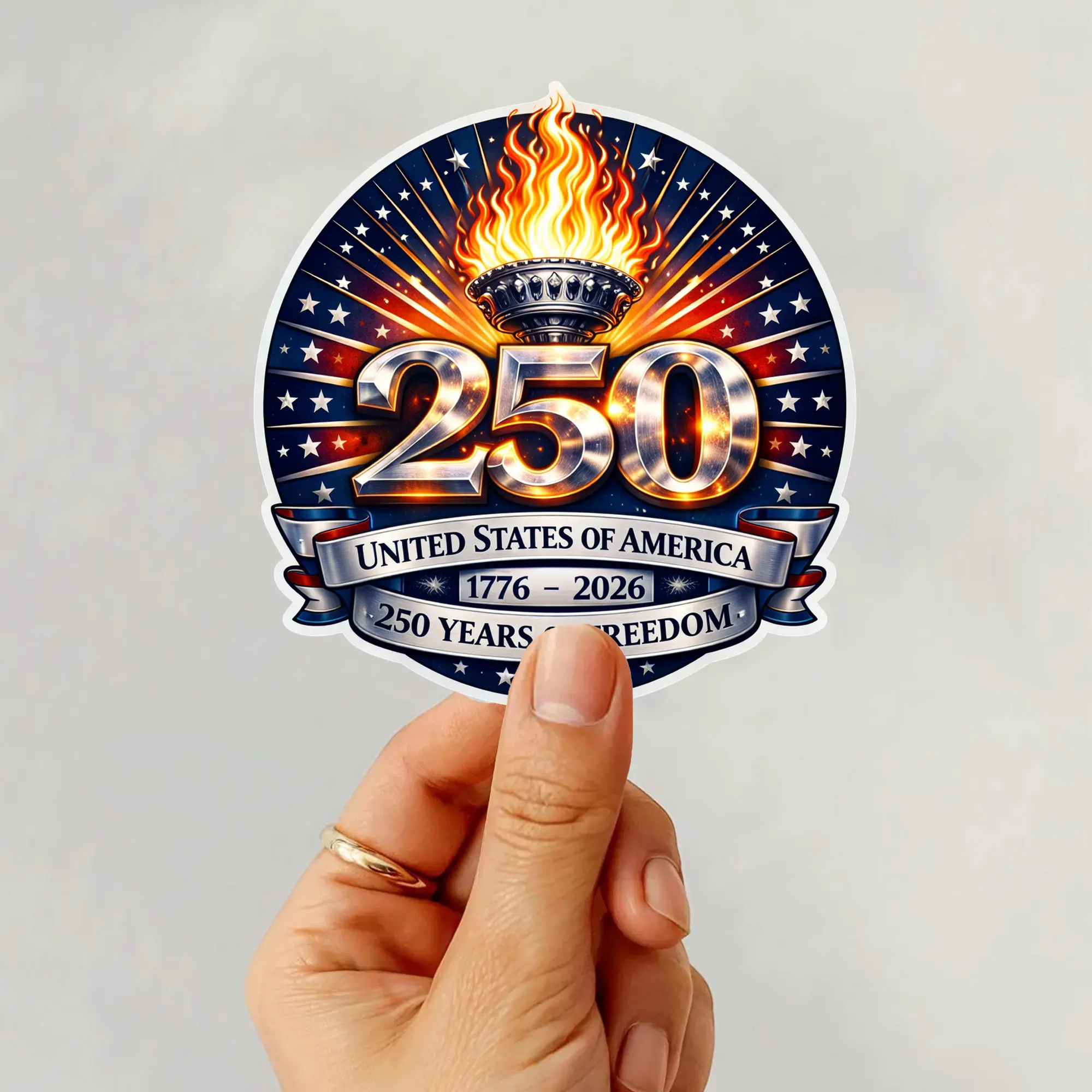Patriotic USA 250 Years Vinyl Sticker, Liberty Torch 1776–2026 Decal, Independence Anniversary Laptop Water Bottle Decor Sticker