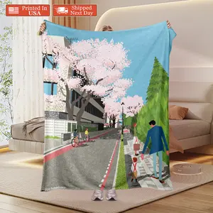 Cozy Flannel Blanket, Japanese Cherry Blossom Street Scene Throw Blanket, Soft Warm Sakura Spring Cityscape Blanket for Couch Bed, Aesthetic Anime Style Decorative Blanket Gift for Home Decor & Travel