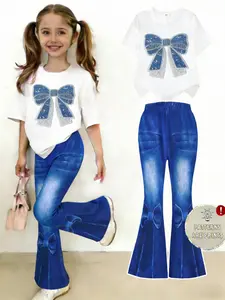 Girls' Casual Fashion Comfortable Simple T-Shirt with Sequined Bow Tie, Cute Denim Style Summer Set, Blue Flared Jeans, Casual Outfit Set