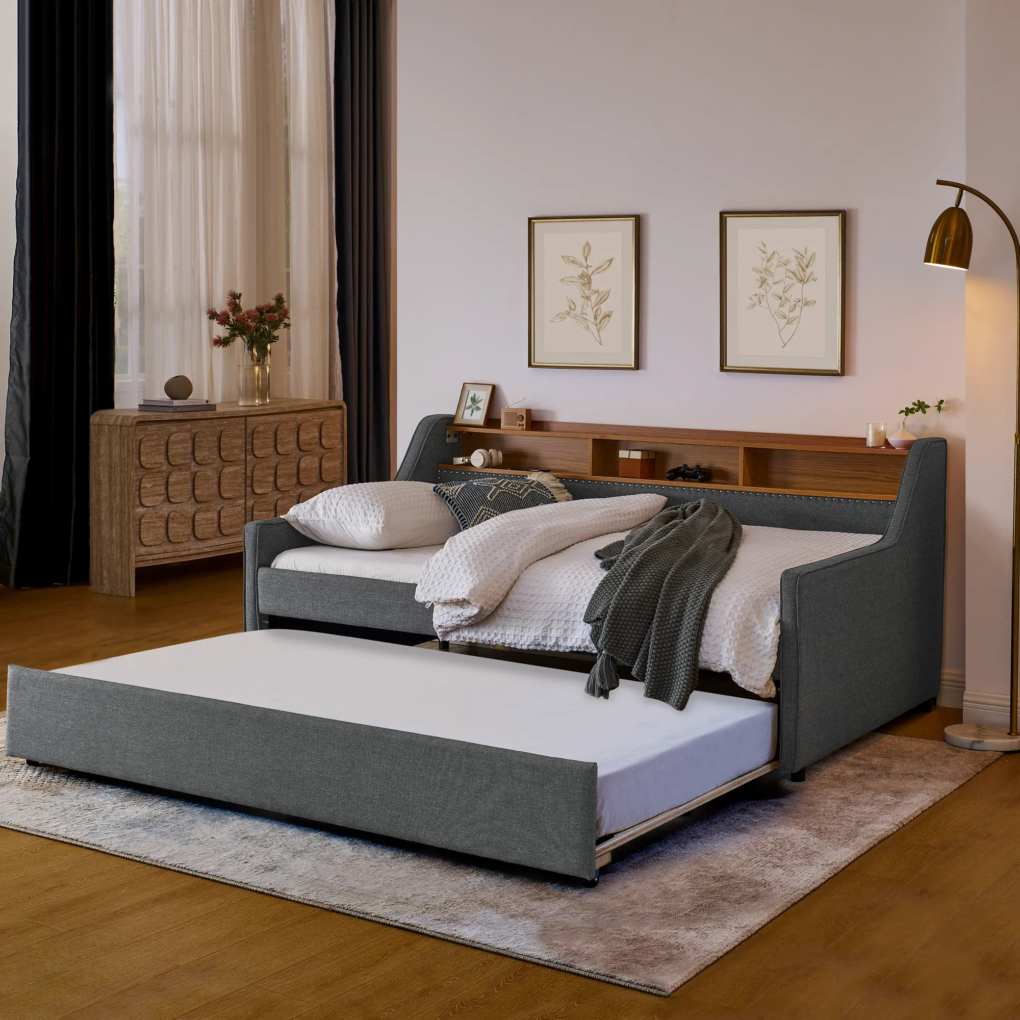 SAVEYOUR Twin Size Futon Sleeper Sofa Bed - Comfy Couch, Linen-Padded Frame, 3-Color RGB LED Lights, Wireless Charging Station, Adjustable Speed & Brightness, Storage, Foldable Leg Pull-Up Trundle, Grey Indoor Furniture