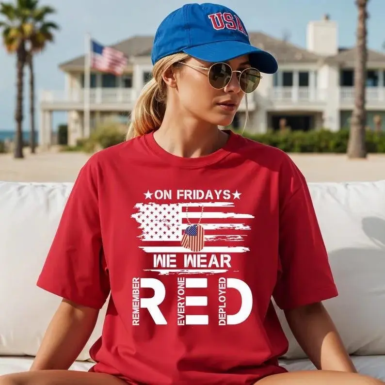 On Fridays We Wear Red Shirt, Military Support Shirt, Remember Everyone Deployed Tee, Patriotic T-Shirt, Friday Red Support Style Tee,  American Flag Graphic Shirt