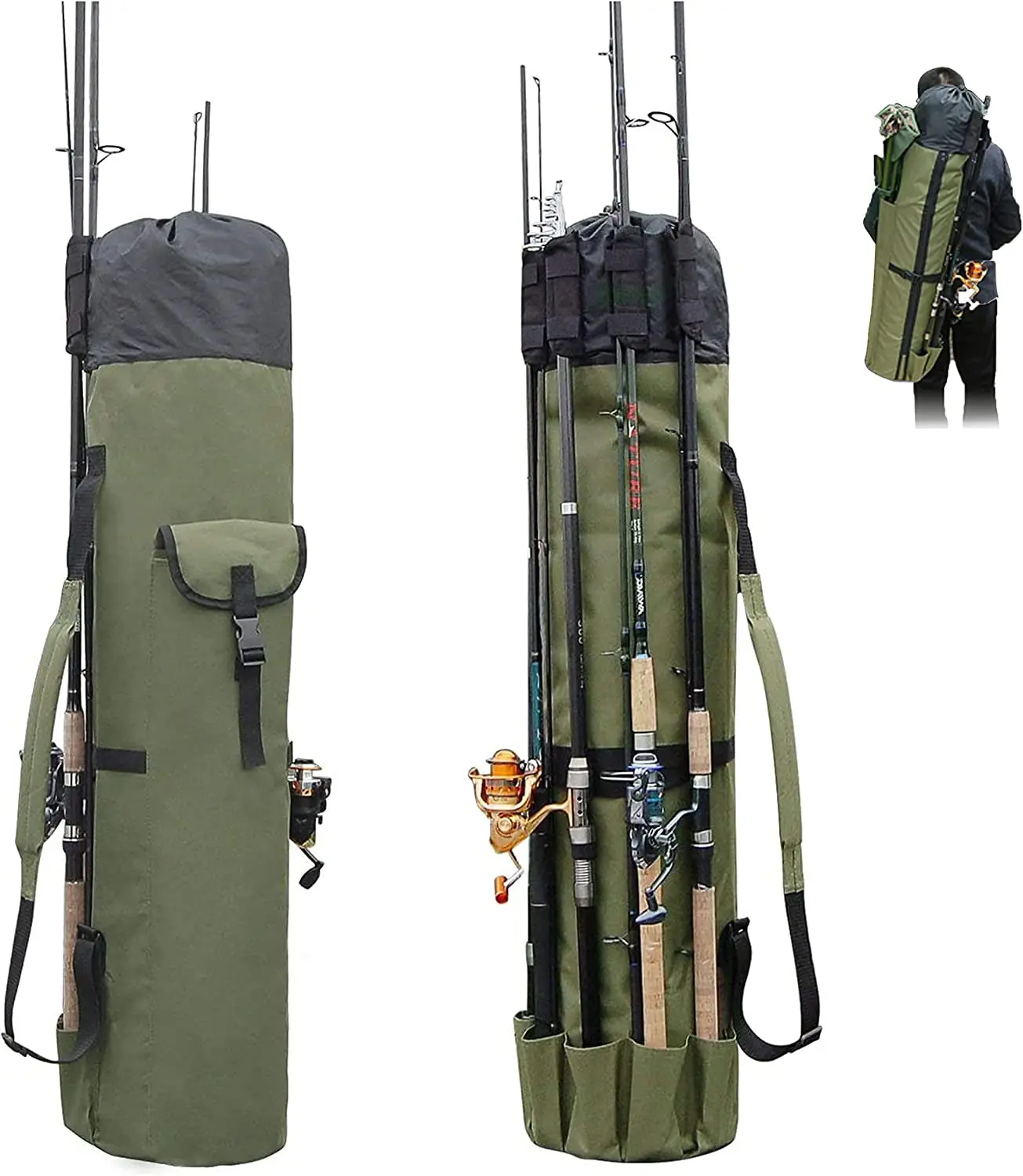 Fishing Pole Bag with Rod Holder Fishing Rod Bag Carrier Case 5 Poles Waterproof Travel Case Fishing Tackle Box Storage Bag Durable Fishing Gear Organizer Fishing Gift for Men (Khaki)