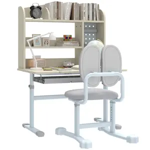 Study Desk with Tiltable Desktop 0 to 45 Degrees Split Backrest Ergonomic Chair Spacious Drawer Pen Holder 5 Shelves Hutch for Storage