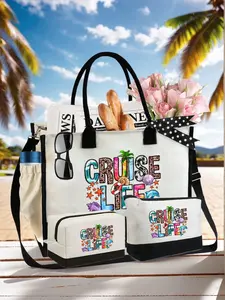 Ladies' beach tote bag set with 'Cruise Life' print, including one large tote bag and two cosmetic bags, suitable for holidays and weekend getaways, a personalized birthday gift for a friend, Lightweight Beach Bag, Handcrafted Bag