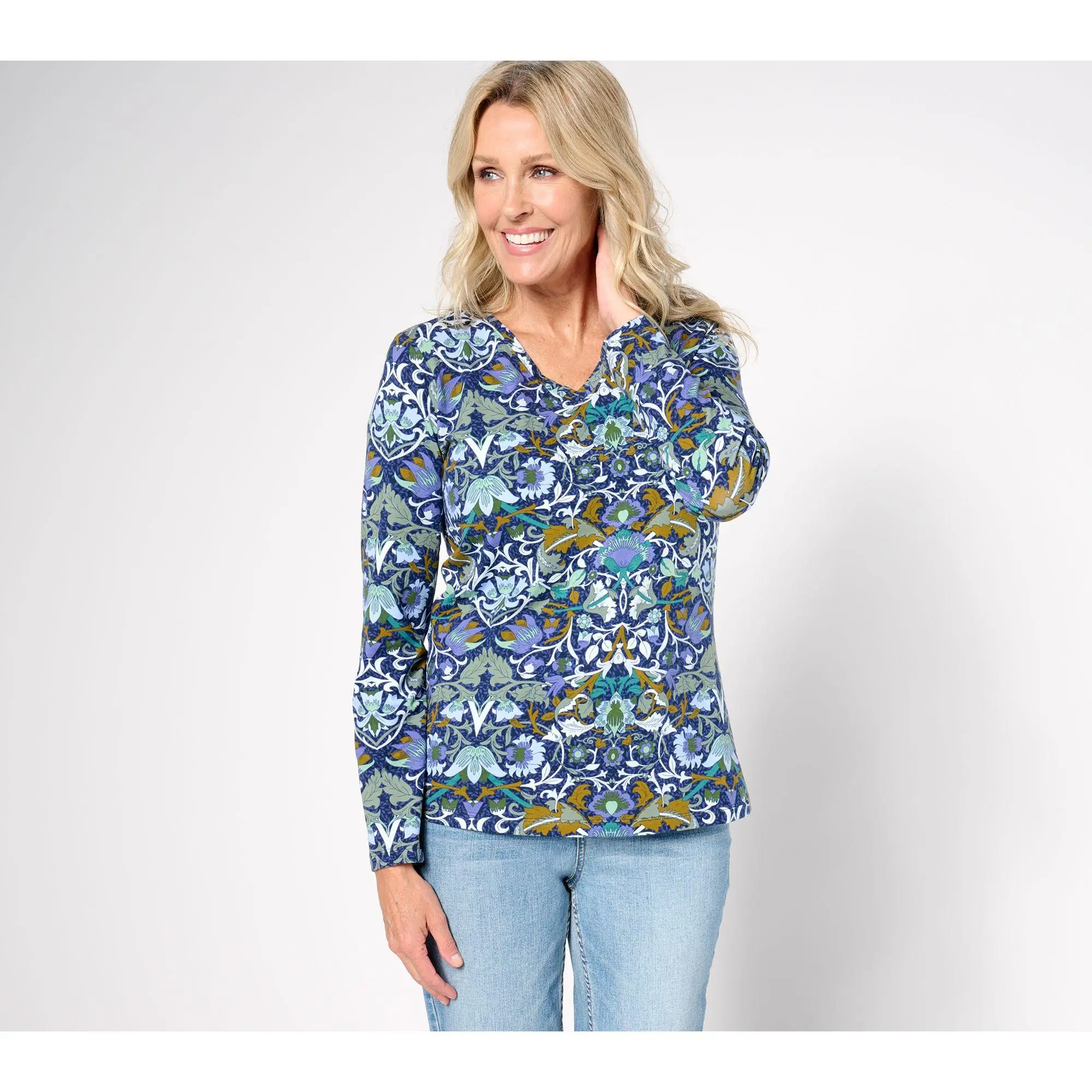 Denim & Co. Favorite Jersey Printed Long Sleeve V-Neck Top