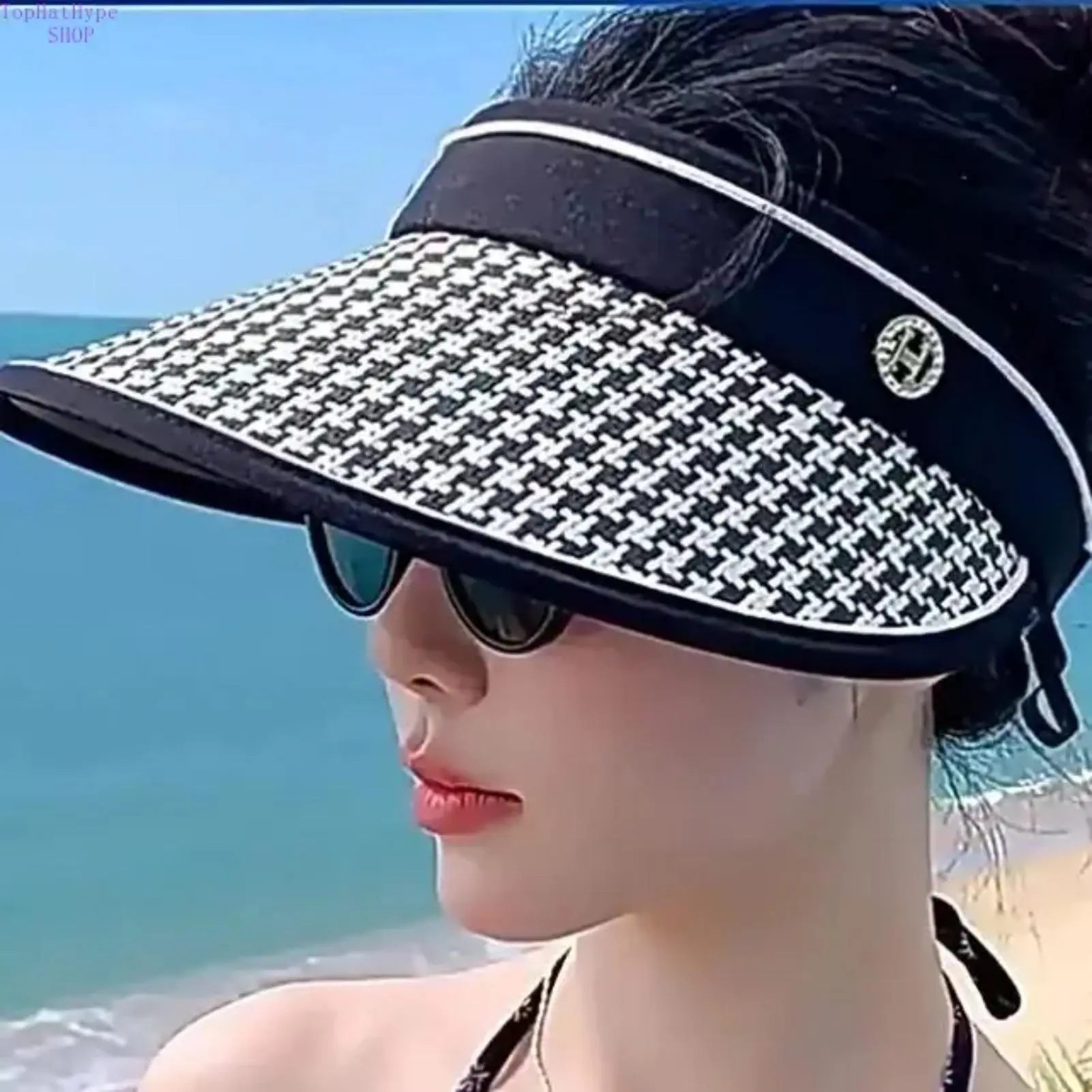 2026 New Summer Women's Open-Top Straw Beach Hat - Wide-Brimmed, Face-Shading, Anti-UV, Solar Houndstooth-Patterned Straw Weave Sun Visor, Beachproof, Casual Beachwear, Heat and Sun Protection, Beachproof Hats, Casual Beachwear Hats