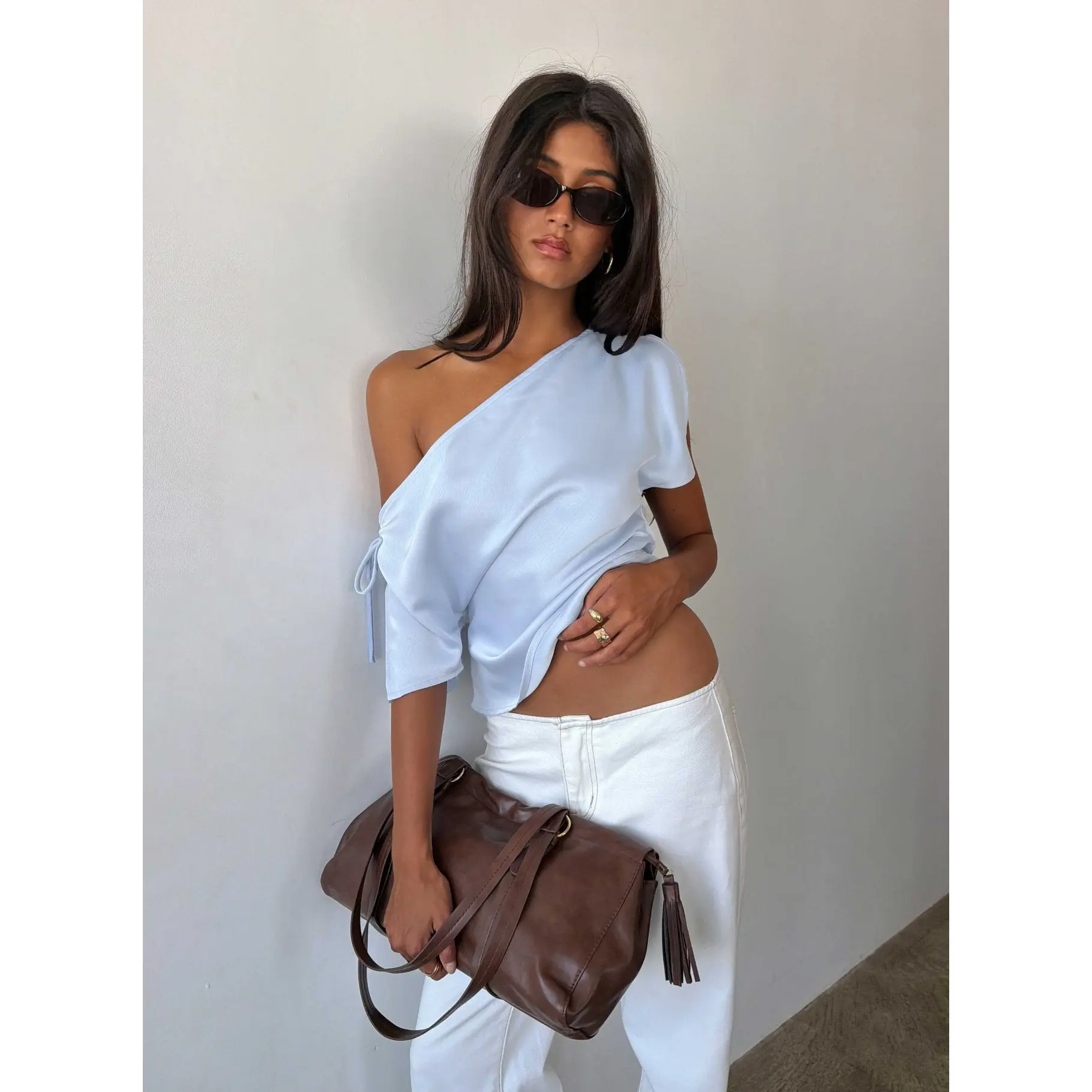 Faisa Off Shoulder Satin Top Powder Blue