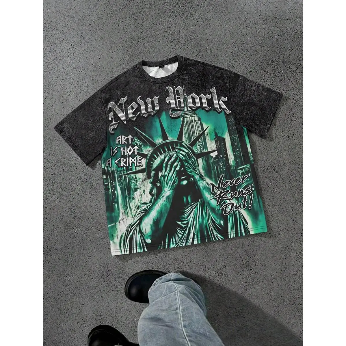 Manfinity Streetrush Men's Casual New York Print Short Sleeve T-Shirt, Summer New York Shirt Statue Of Liberty Shirt Graphic Tee Streetwear Tee Vintage Graphic Tee