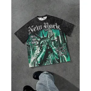 Manfinity Streetrush Men's Casual New York Print Short Sleeve T-Shirt, Summer New York Shirt Statue Of Liberty Shirt Graphic Tee Streetwear Tee Vintage Graphic Tee