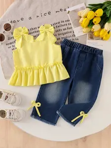 Baby Girl Sweet Fresh 2-Piece Set, baby clothing, Striped Ruffle Back Button Halter Top, Bow Design Jeans Pants, Elastic Waist, Baby Girl Clothes