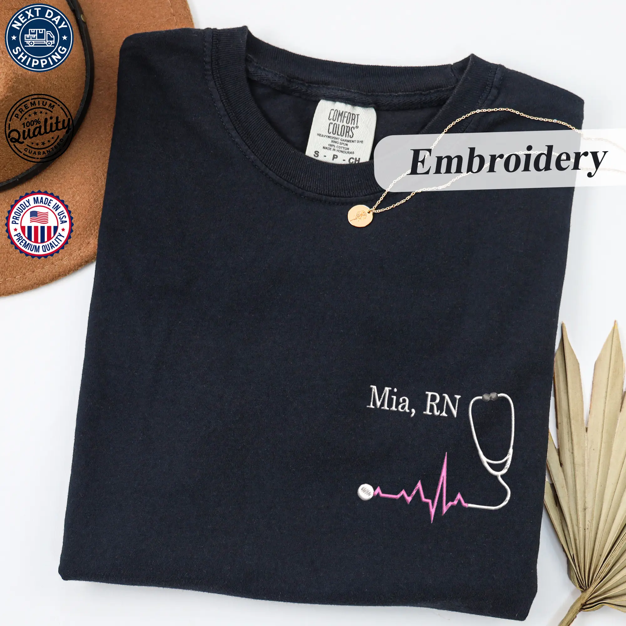 Embroidered Nurse Comfort Colors T-Shirt | Custom RN Tee | Personalized Heartbeat Stethoscope Shirt | Monogram Name Top | Soft Vintage Washed Cotton | Cute Nurse Gift | Healthcare Worker Appreciation