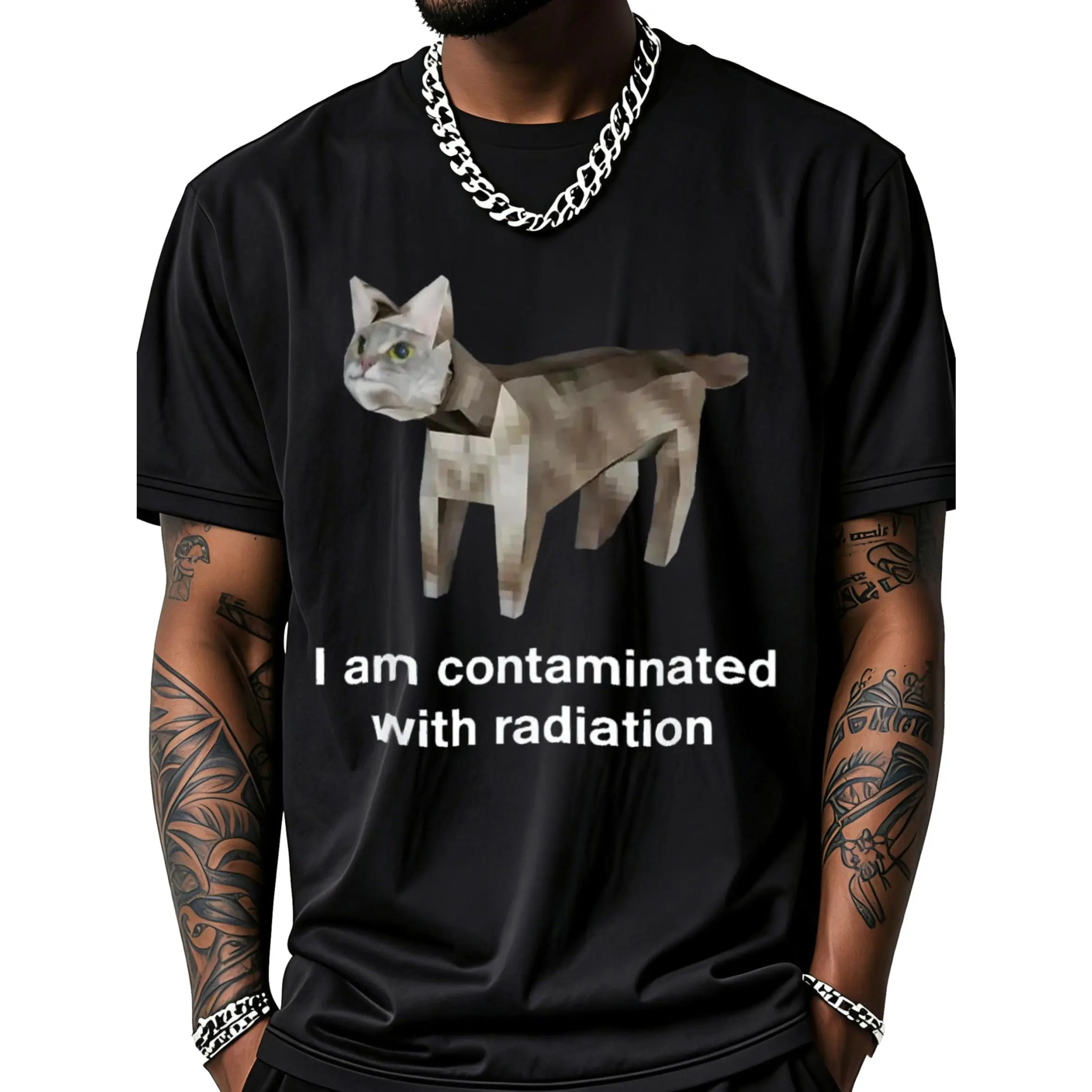 Low Poly Cat With Radiation Text T-Shirt Unisex Clothing Streetwear