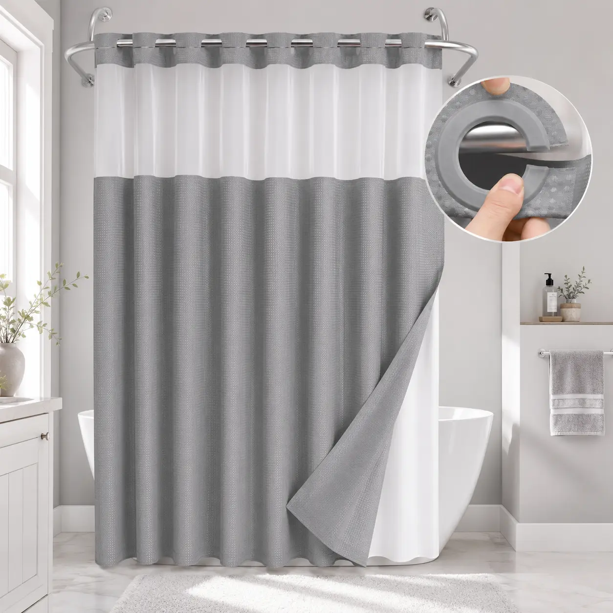 Grey No-Hook Double Layer Waffle Weave Shower Curtain, Water-Resistant Soft Fabric, Transparent Mesh Top Window & Removable Inner Liner, Stylish bathroom decor