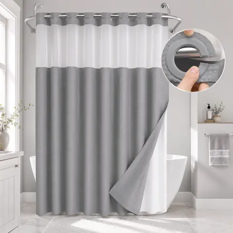 Grey No-Hook Double Layer Waffle Weave Shower Curtain, Water-Resistant Soft Fabric, Transparent Mesh Top Window & Removable Inner Liner, Stylish bathroom decor