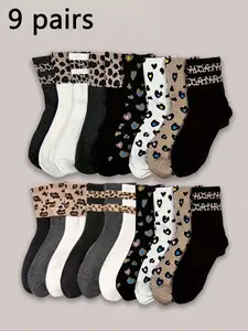 9 Pairs Women's Leopard Stripe Mid-Calf Socks, Fitted, Casual, Striped, Fashionable Comfort Soft, Perfect for Daily Wear, Home, Sports, Parties, College Style, Sock Set