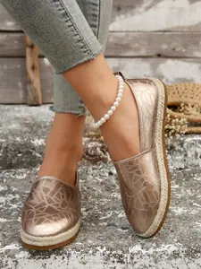 Champagne Metallic Slip-On Espadrilles, Comfortable Lightweight Daily Shoes, Footwear