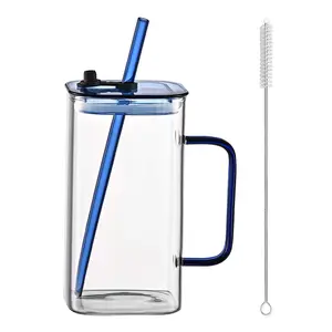 Blue Glass Straw Cup Square High Borosilicate Glass Milk Juice Cold Drink Coffee Tea Office Gift Cup with Lid and Straw - Organiser, Bottles