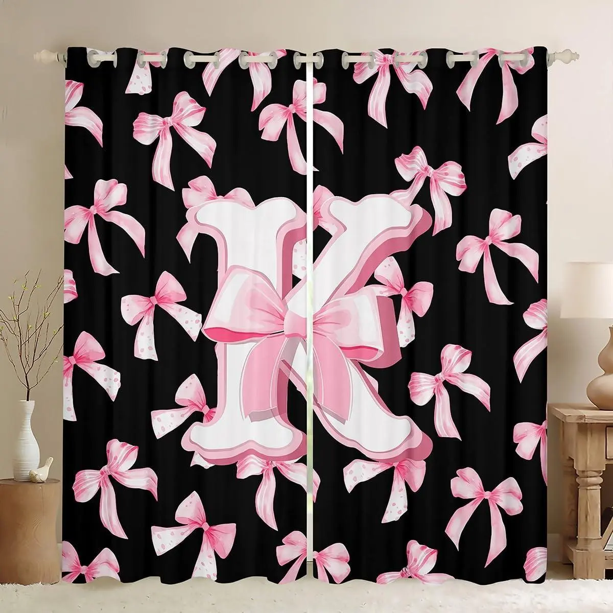 Cute Pink Bow Blackout Curtains Initial Letter K Drapes Bedroom Living Coquette Bow Knot Thermal Insulated Shades Monogrammed,2 Panels Personalized Women Gifts