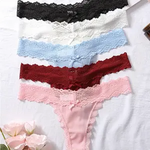 3PCS Solid Contrast Lace Bow Ribbed Thongs, Comfy & Breathable Intimates Panties, Women's Lingerie & Underwear