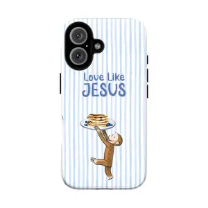 Curious George iPhone Case, Cartoon Monkey Phone Cover with Love Like Jesus Bible Verse and Pancake Design for iPhone 7 8 X 11 12 13 14 15 16 and Samsung S21 S22 S23 S24 S25 Plus S26 Ultra.MFL88