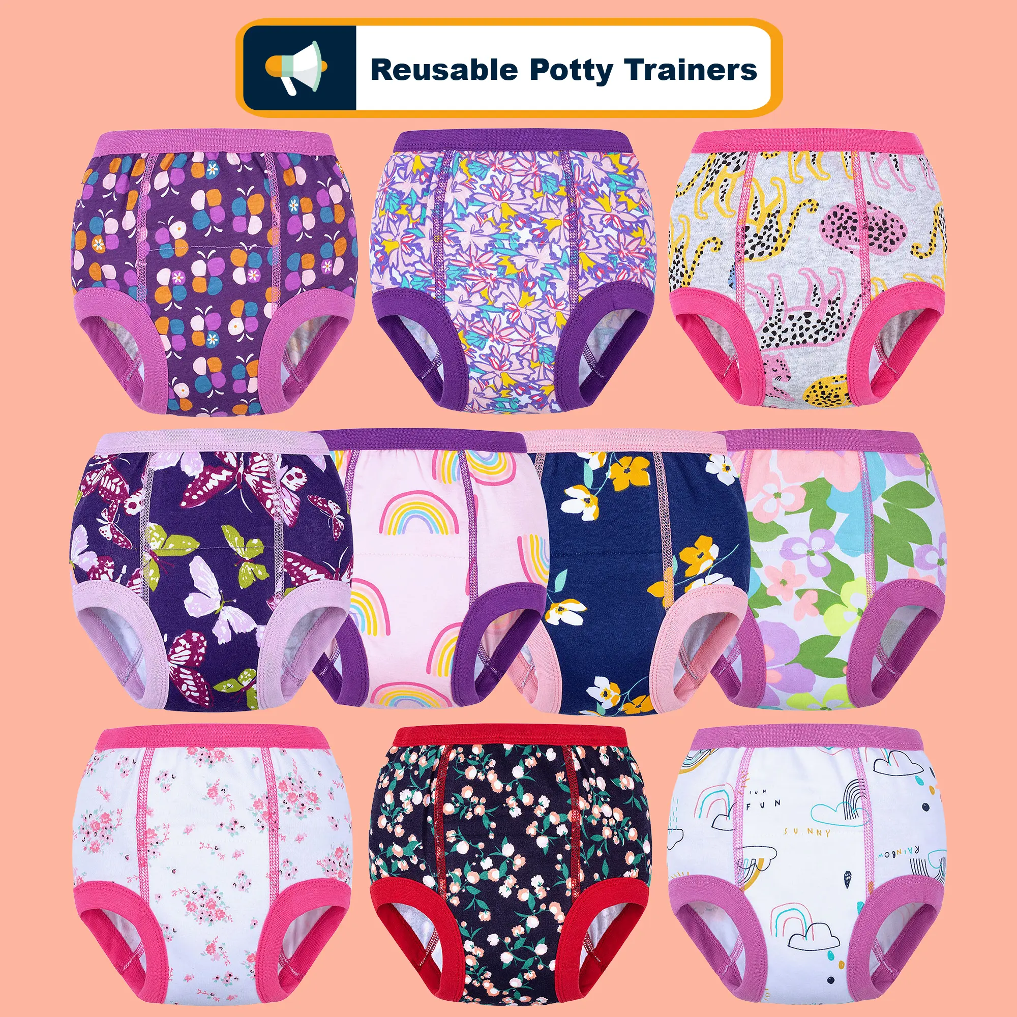 Toddler Girls' Printed Soft Cotton Inner Wear - 10 Pcs Toddler Panties, Breathable, Slight Stretch Potty Training Pants with Absorbency Liner