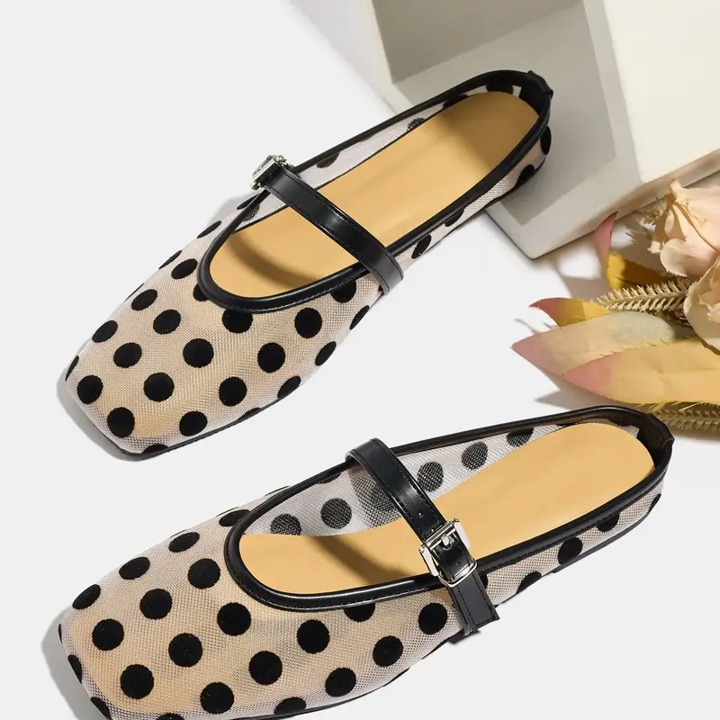 Women's Casual Polka Dot Pattern Strappy Summer Flat Sandals, Breathable Slip-On Mesh Shoes for Summer Vacation and Beach Breathable Slip Ons