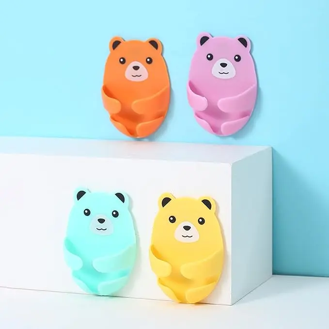 4pcs Power Outlet Hook Plug Storage Holders Cute Plug Hooks Adhesive Plug Holder Adhesive Socket Hooks Organizer Hairband Wall Hooks Wall Plug Clips Cartoon Wire Holder Plastic