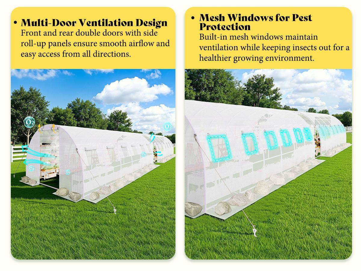 [Ships in 2 Boxes] AMERLIFE 34x10x7 FT Large Walk-in Tunnel Greenhouse for Outdoors with Watering System 2 Zipper Rolling Doors, Heavy Duty Greenhouse Enhanced Galvanized Steel Frame 14 Windows