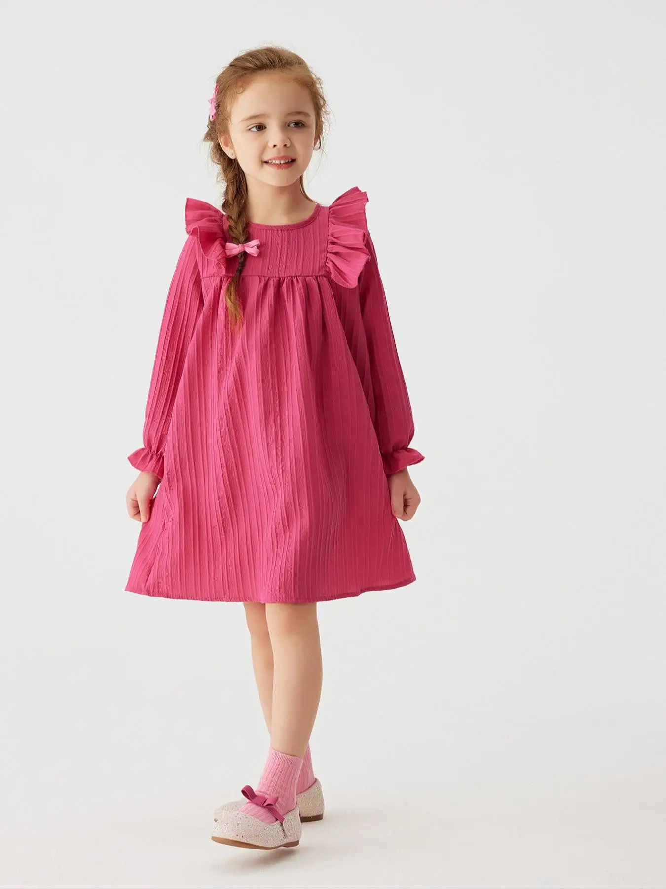 Toddler Girl's Ruffle Collar Belted Dress, Cute Solid Color A Line Dress for Daily Wear, Kids Clothes for Spring & Fall