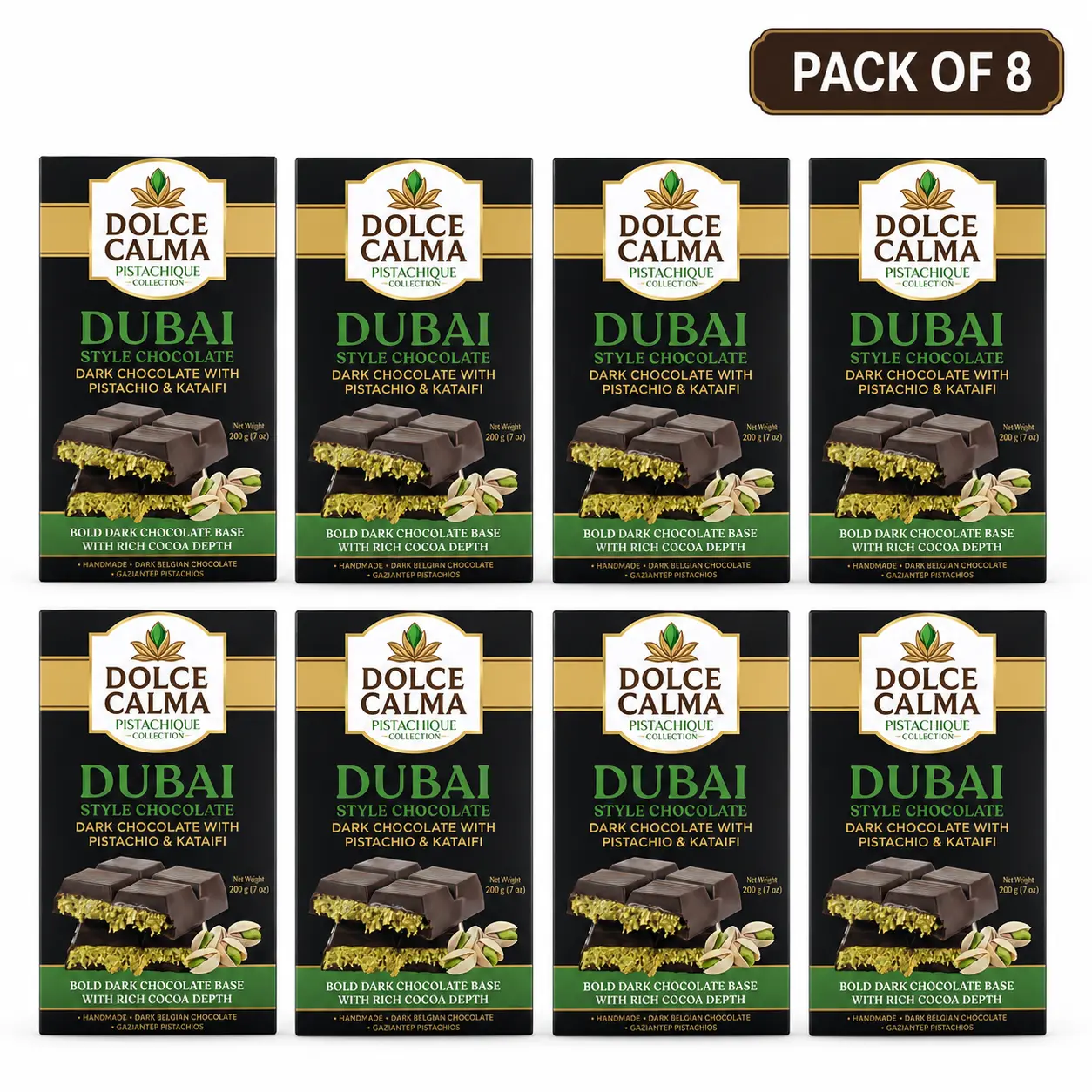 Dolce Calma Dark Dubai Chocolate Bar Ships With Two Ice Gel Packs (200g / 7oz) – Authentic Handmade Belgian Chocolate with Turkish Pistachio & Crispy Kataifi, Kunafa Filling, No Palm Oil - Pack of 8