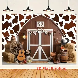 Cow Print Farm Barn Theme Background Banner, Baby Birthday Baptism Party Decoration, Polyester Material, Realistic Colors, Kids Photography Backdrop