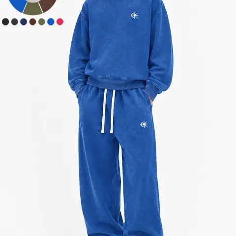 Men's 2-Piece Minimalist Solid Cotton-Blend Tracksuit - Vintage Washed Crew Neck Long-Sleeve Pullover Sweatshirt, Wide Leg Drawstring Pants, Subtle Embroidery Logo, Street Style for Basketball, Daily Wear