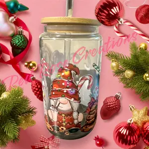 Christmas Gnome 16oz Glass Jar with straw and bamboo Lid Drinkware