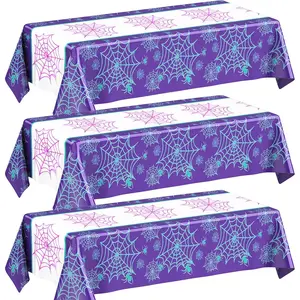 Spider Theme Birthday Decorations Halloween Purple Black Red Pink Green Web Ghost Bat Tablecloth Cartoon Table Cover Party Favor for Birthday (Purple,Spider)