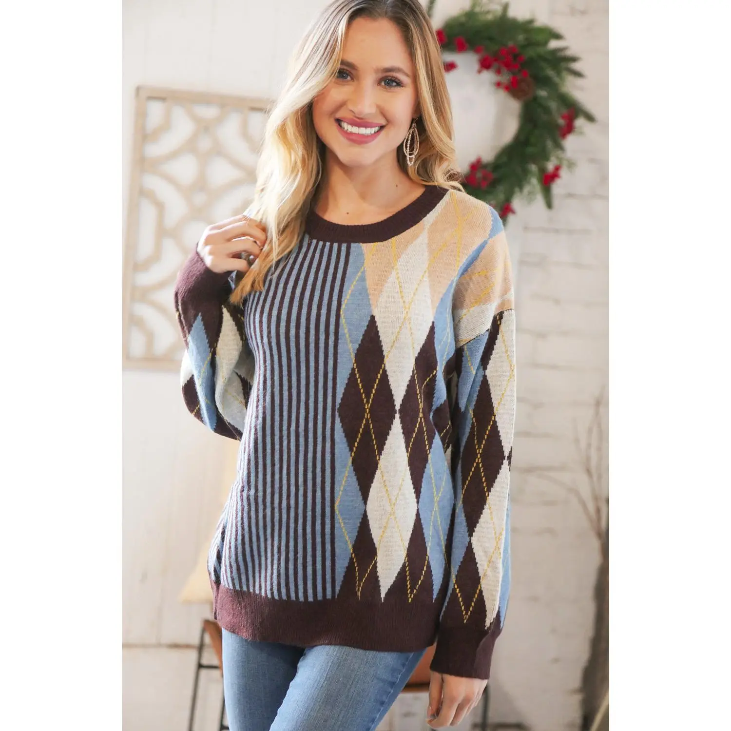 Mocha Blue Half & Half Vertical Stripe Sweater