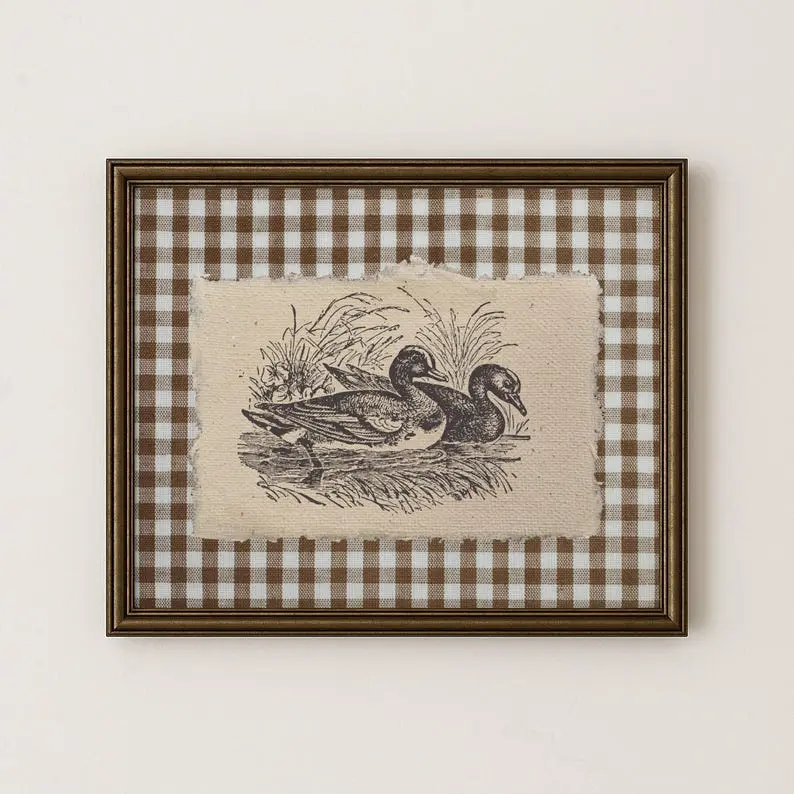 Vintage Duck Wall Art Unframed Poster Brown Gingham Farmhouse Illustration Rustic Nature Inspired Home Decor for Living Room Bedroom Kitchen Gift Idea