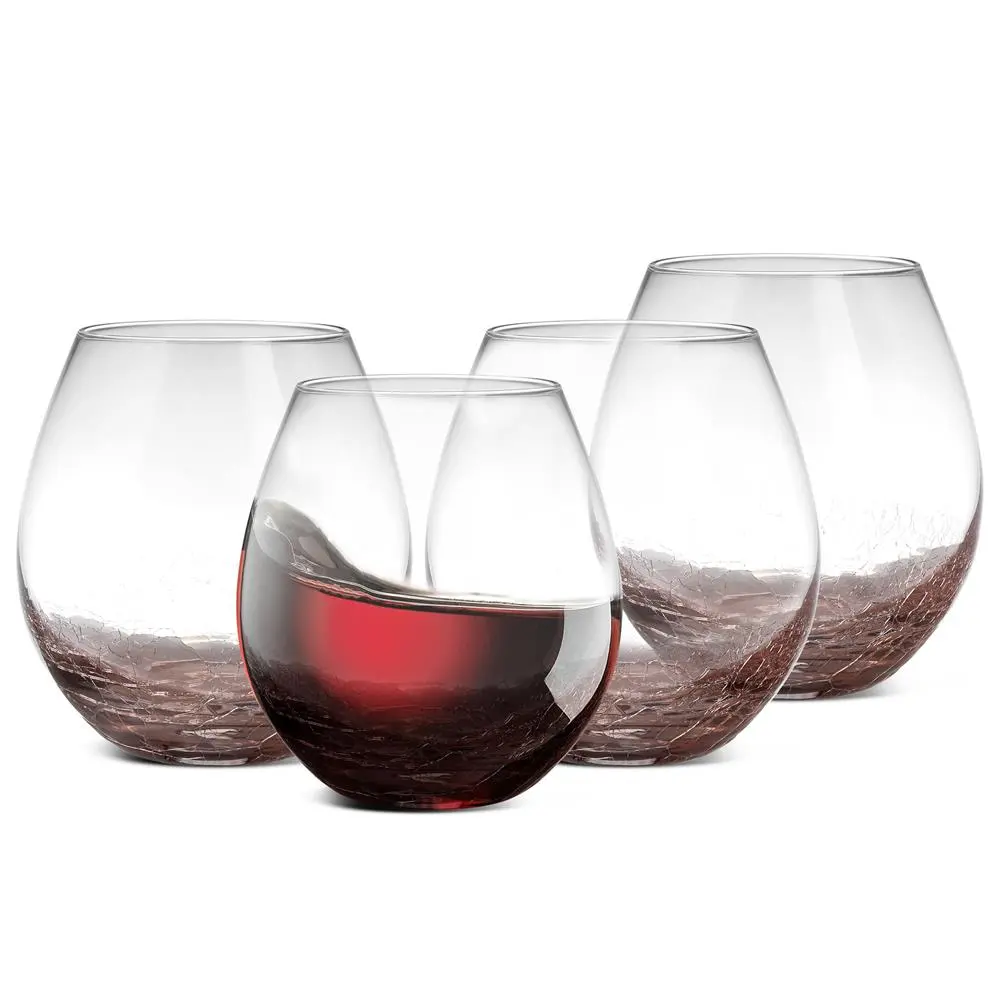 Set of 4 Stemless Crystal Wine Glasses Set - Hand-Blown Lead-Free Drinking Glass with Ice Crack Effect, Shatter-Resistant, Chip-Resistant & Dishwasher Safe - Elegant Drinkware for Home, Parties & Gifts Use