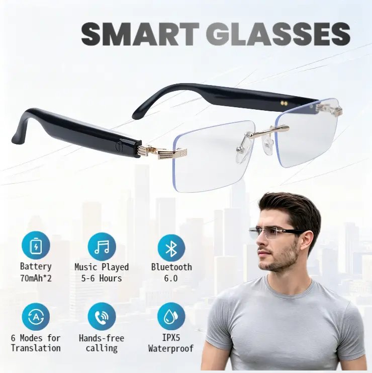 AI Smart Translation Glasses, Bluetooth Eyeglasses with Translator for 164 Languages, Photochromic Spring Hinge Glasses with Speakers, Rimless Smart Glasses for Travel/Work/Study, Hand-free