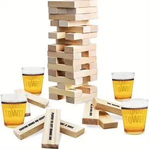 60 Pieces Wooden Block Rolling Tower Drinking Game Set (Including 4 Glasses) - Classic Challenge for Adult Gatherings - Family Party Board Game - Creative Birthday Gift - Fun Drinking Game