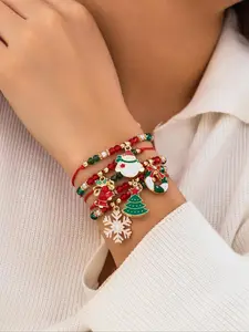 5-Piece Christmas Glass Bead Bracelet Set Adjustable Beaded Design Featuring Santa, Snowman, Reindeer, and Bell Designs, Festive Elastic Jewelry for Holiday Wear