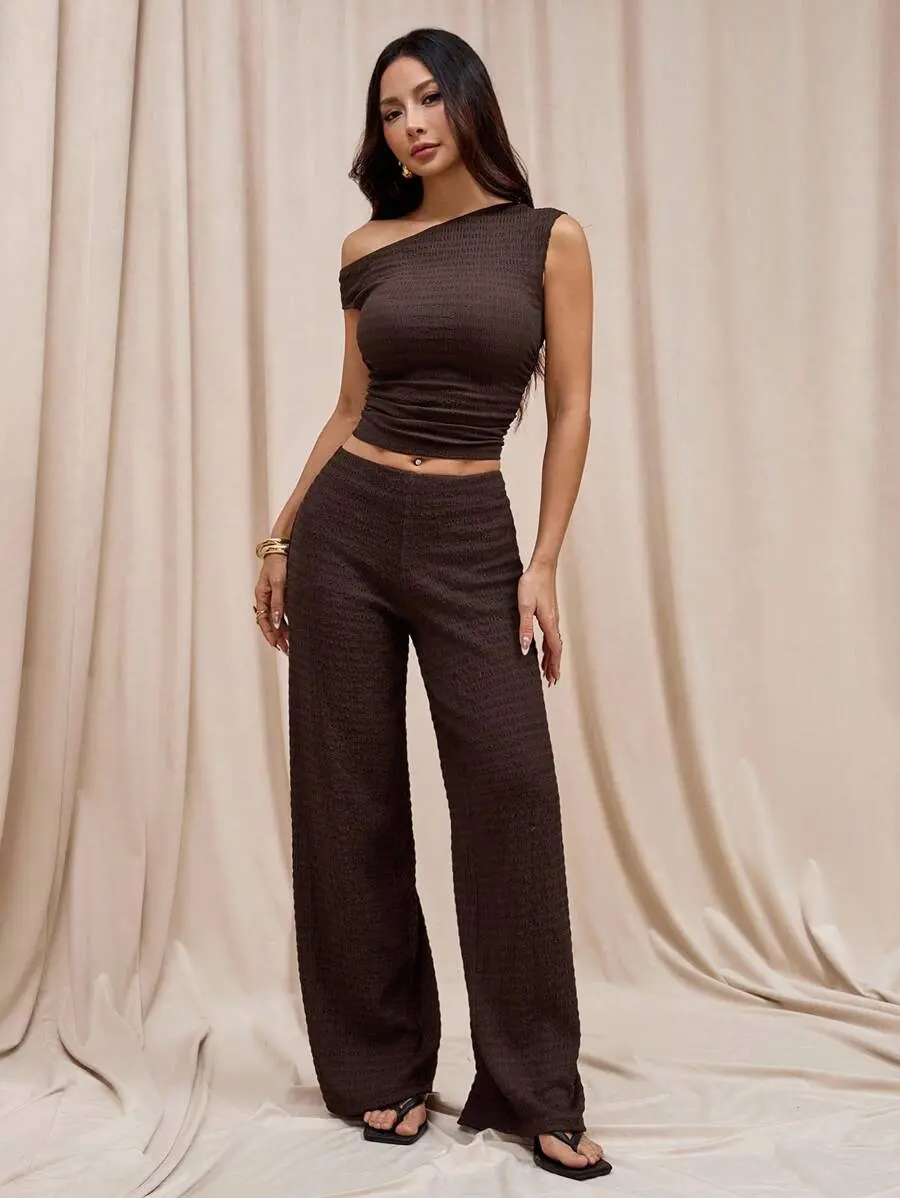 Women's Plain Color Pleated Slim-Fit Oblique Shoulder Shirt And Casual Pants Set, Petite Women